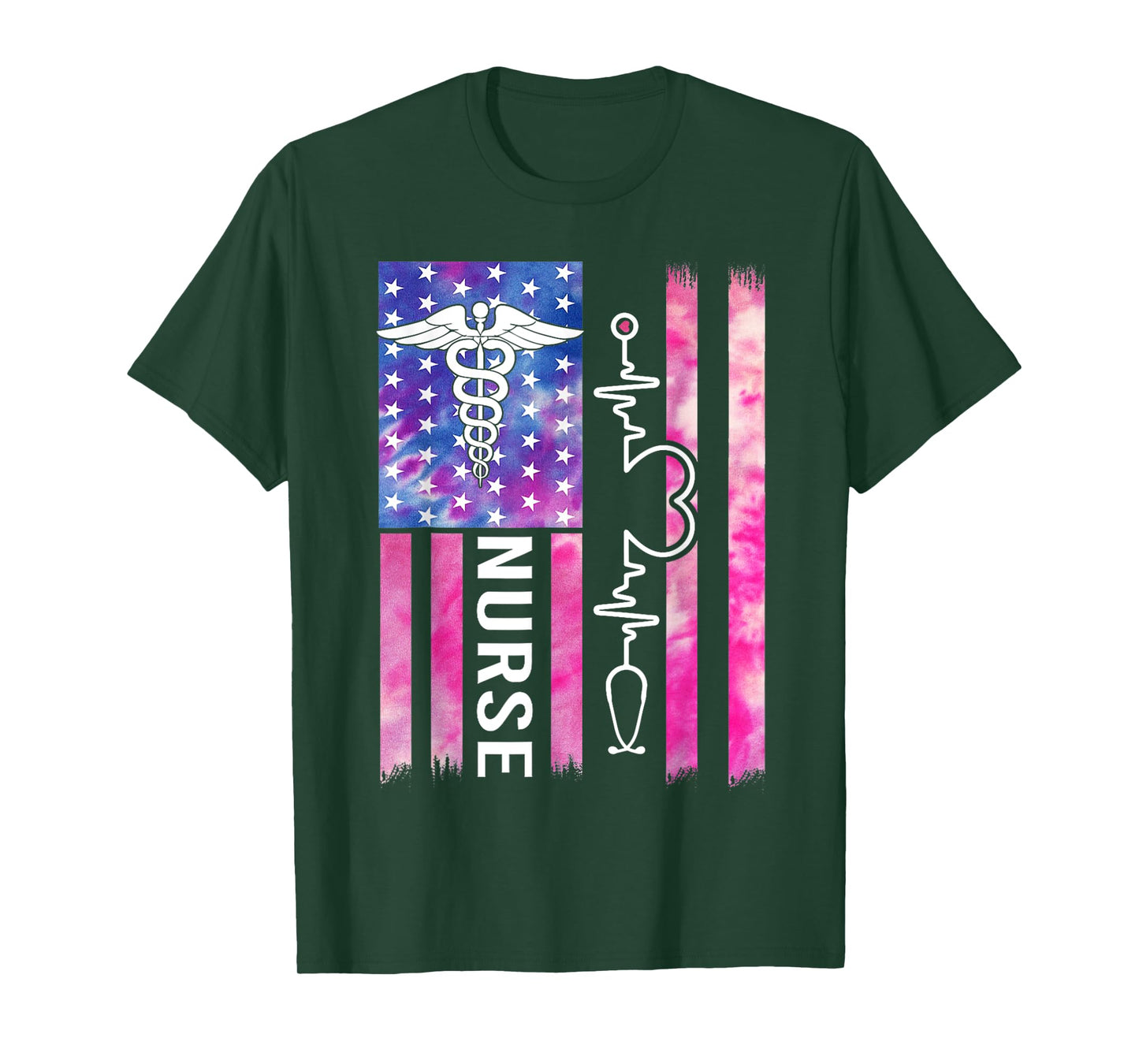 Tie Dye Nurse USA Flag Stethoscope Heartbeat American Nurse T-Shirt