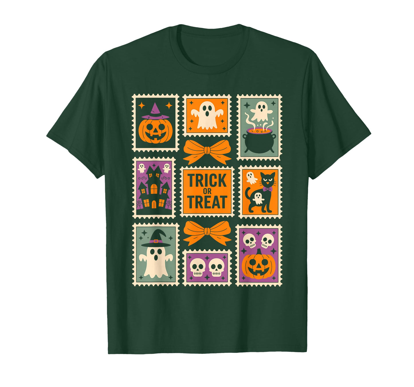 Halloween Stamps Spooky Pumpkin Ghost Cat Witch Skeleton T-Shirt