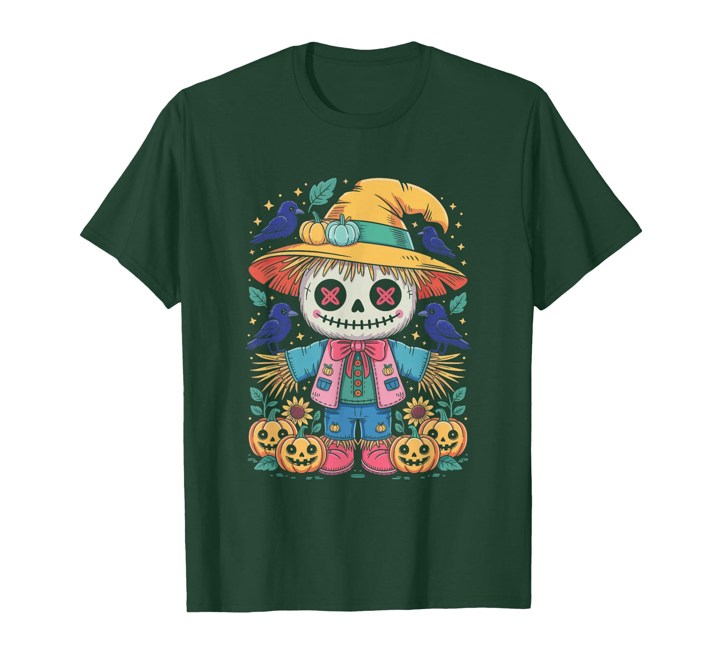 Scarecrow Skeleton Pastel Halloween Pumpkins Crows T-Shirt