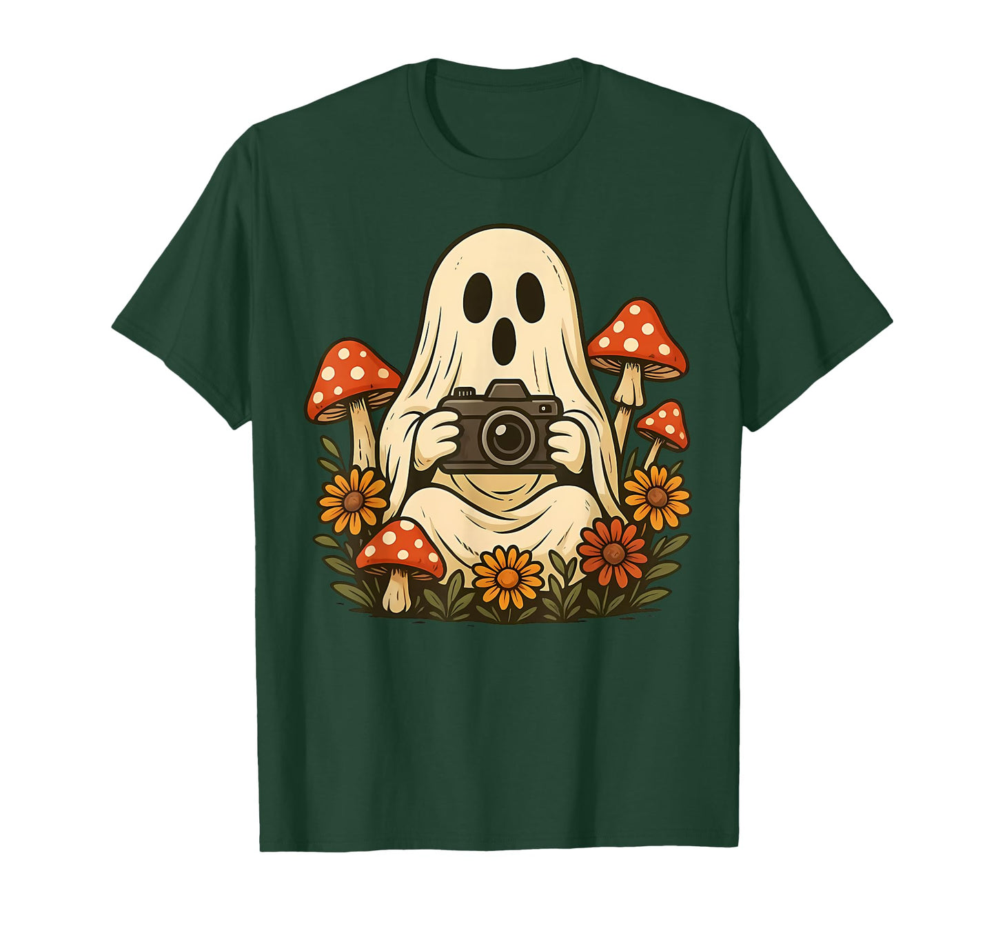 Vintage Fall Mushroom Ghost with Camera Woodland Halloween T-Shirt