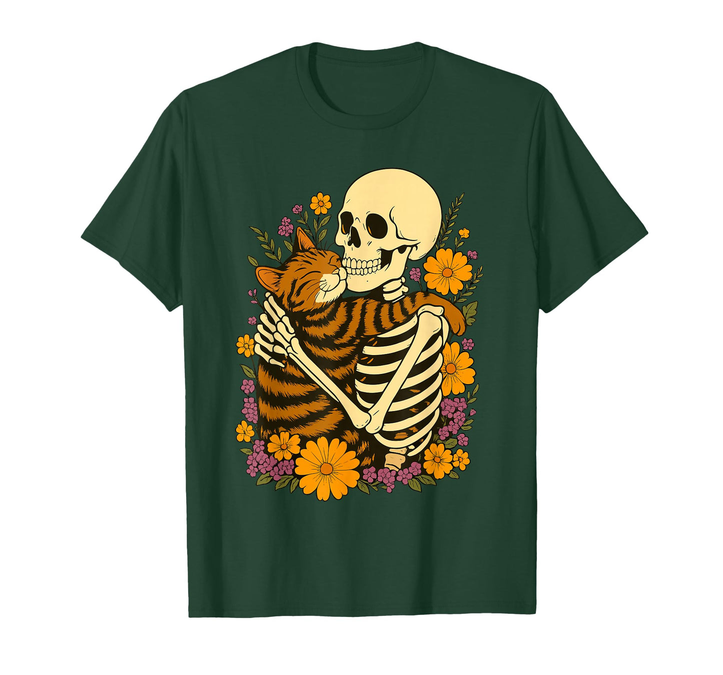 Skeleton Hugging Cat Floral Halloween Costume Tee T-Shirt