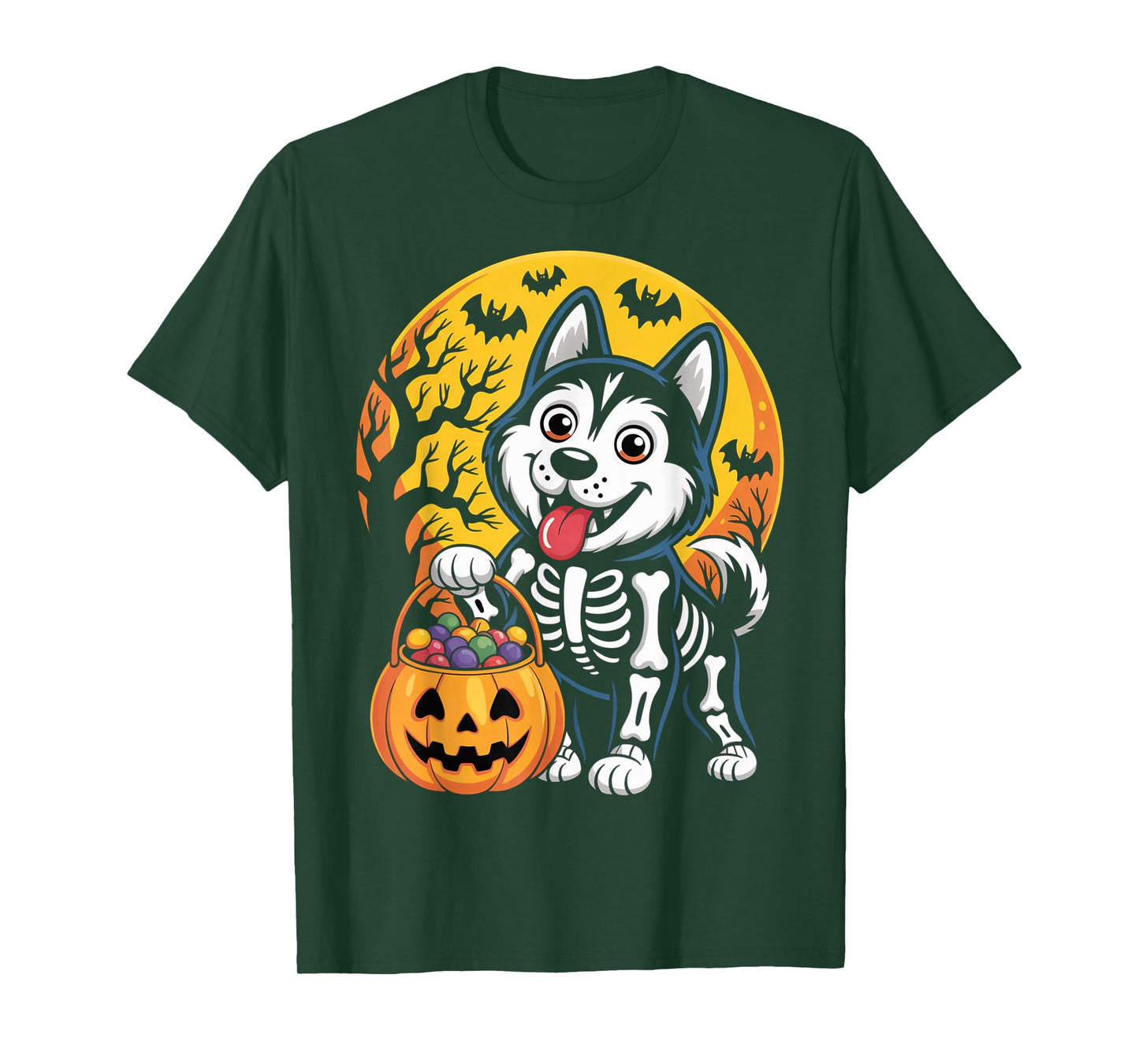 Siberian Husky Dog Skeleton Scary Pumpkin Moon Halloween T-Shirt