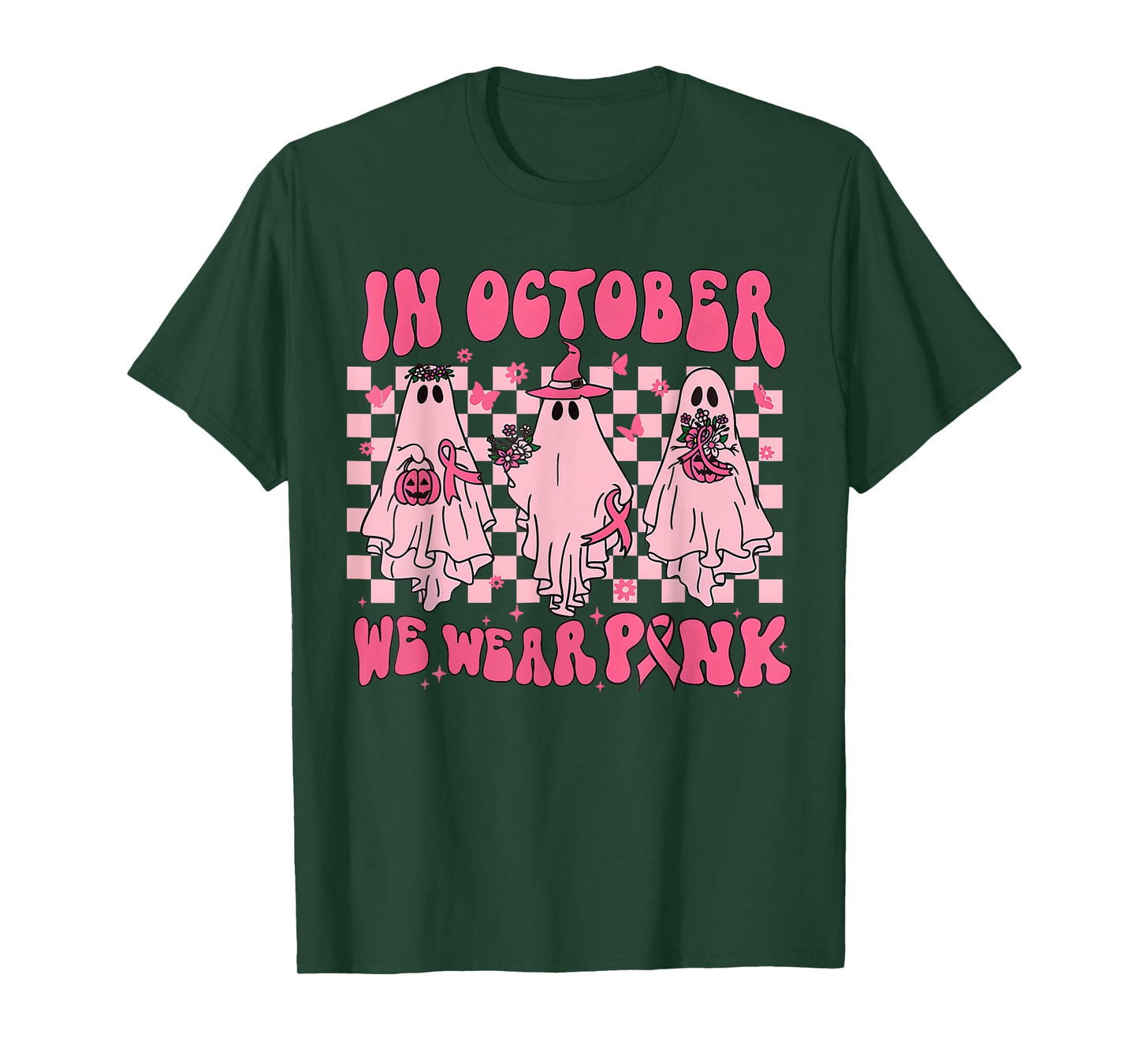 In October We Wear Pink Ghost Groovy Breast Cancer Halloween T-Shirt