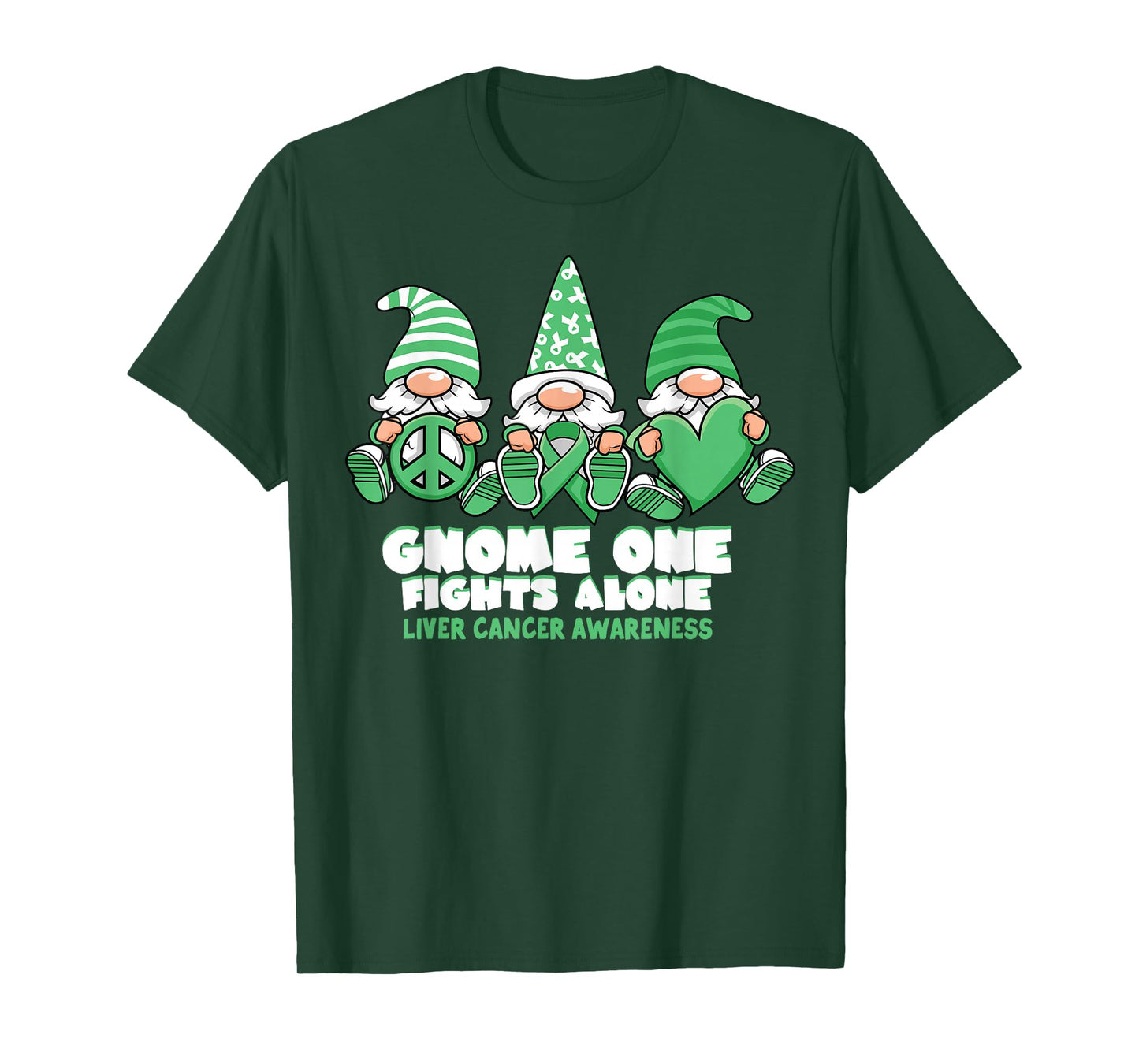 Liver Cancer Awareness Gnome One Fights Alone Wear Green T-Shirt