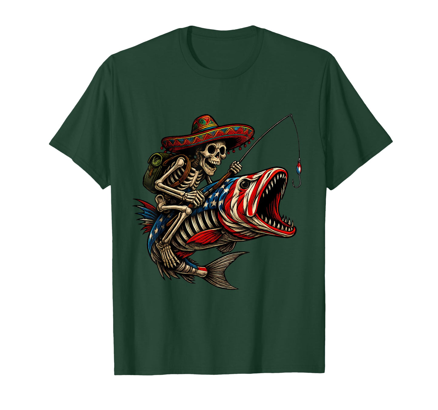 Fishing Mexican Sombrero Bass Fish Skull Skeleton Fisherman T-Shirt