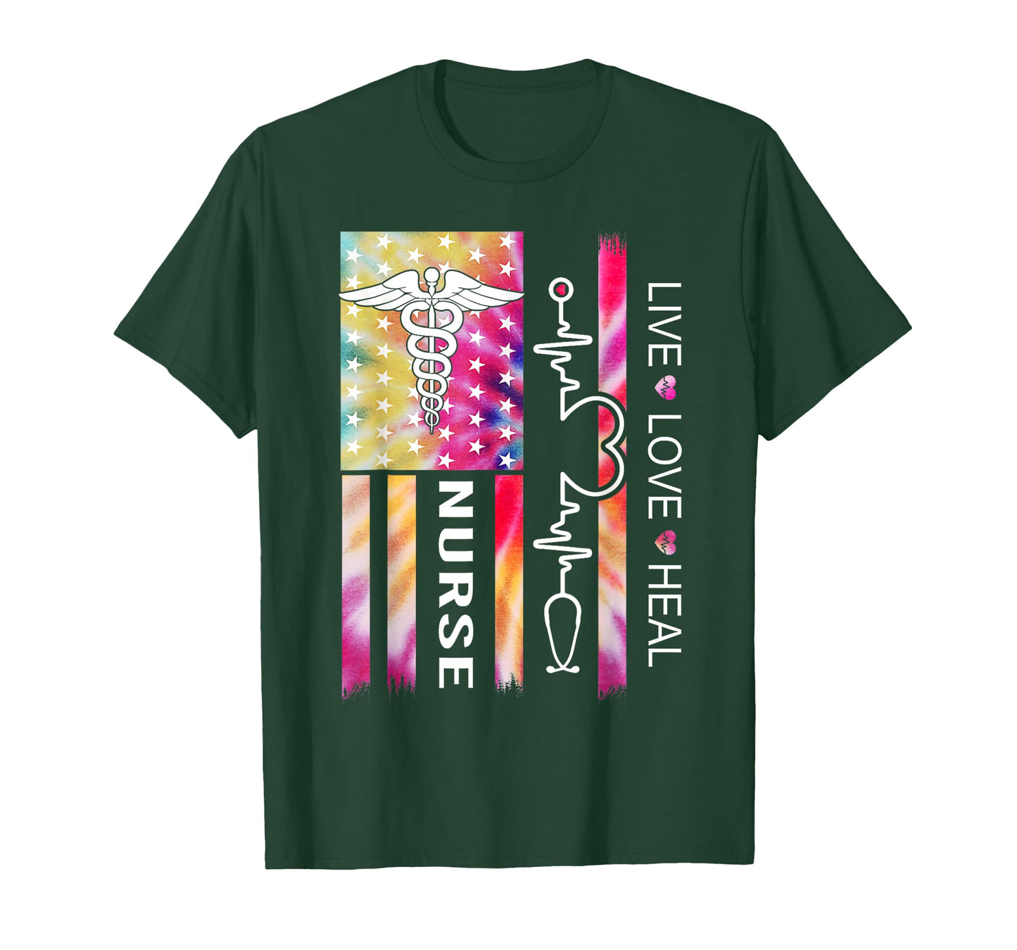 Tie Dye Nurse USA Flag Stethoscope Heartbeat American Nurse T-Shirt