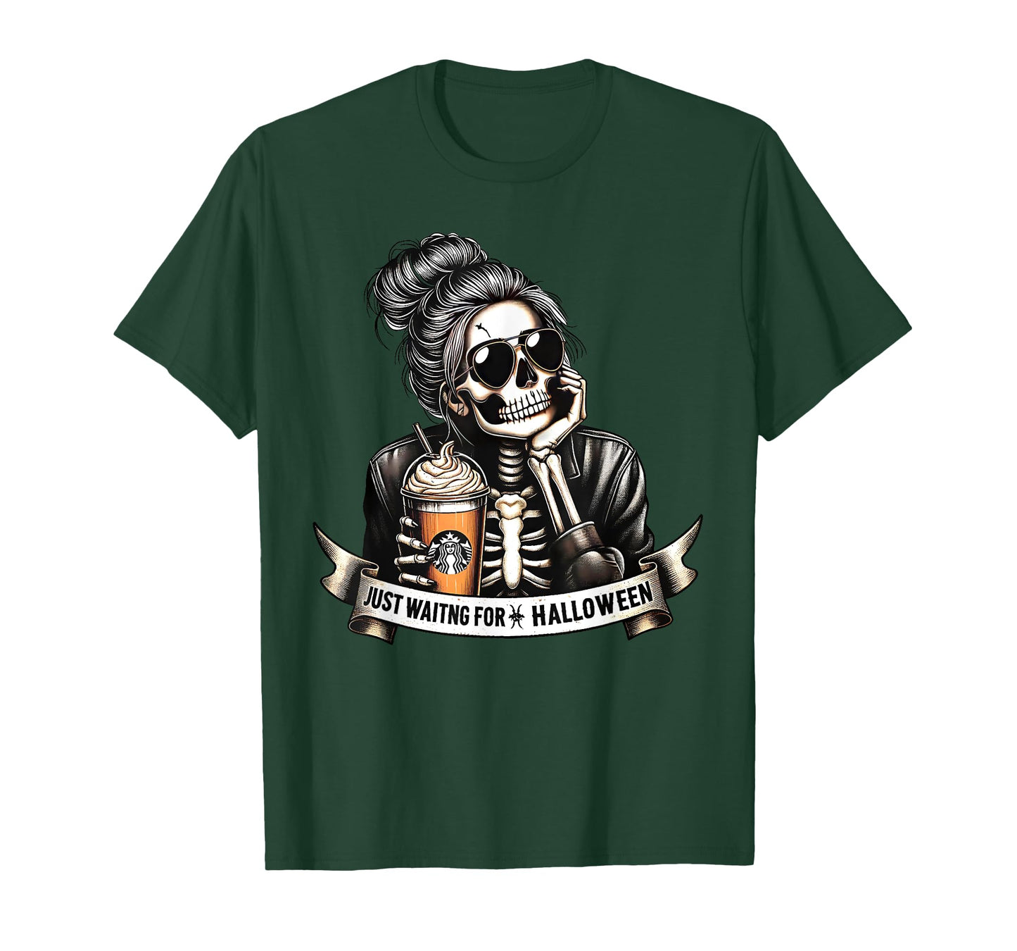 Just Waiting For Halloween Spooky Season Skeleton Coffee T-Shirt