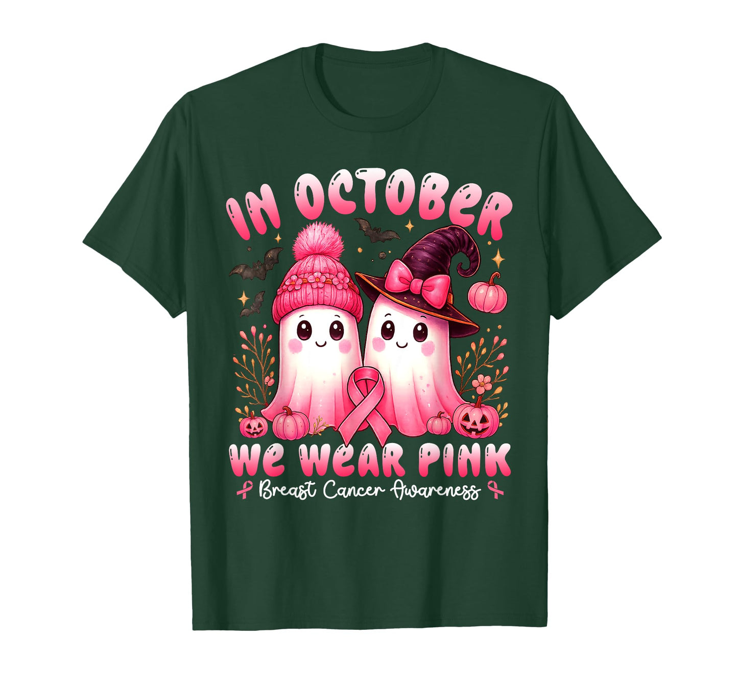in October We Wear Pink Breast Cancer Shirts Women Halloween T-Shirt