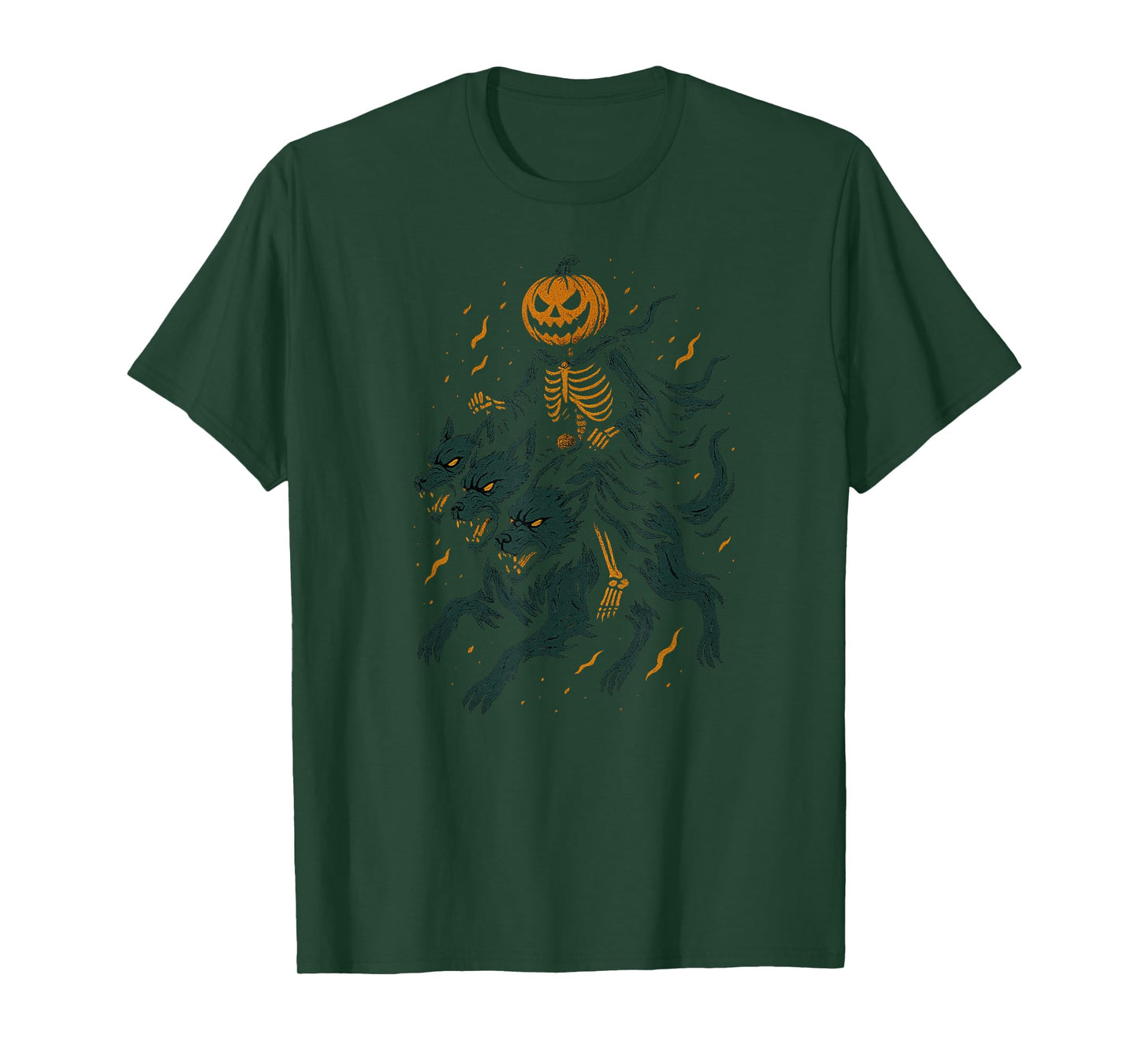 Pumpkin Skeleton Rider with Ghostly Three-Headed Dog T-Shirt