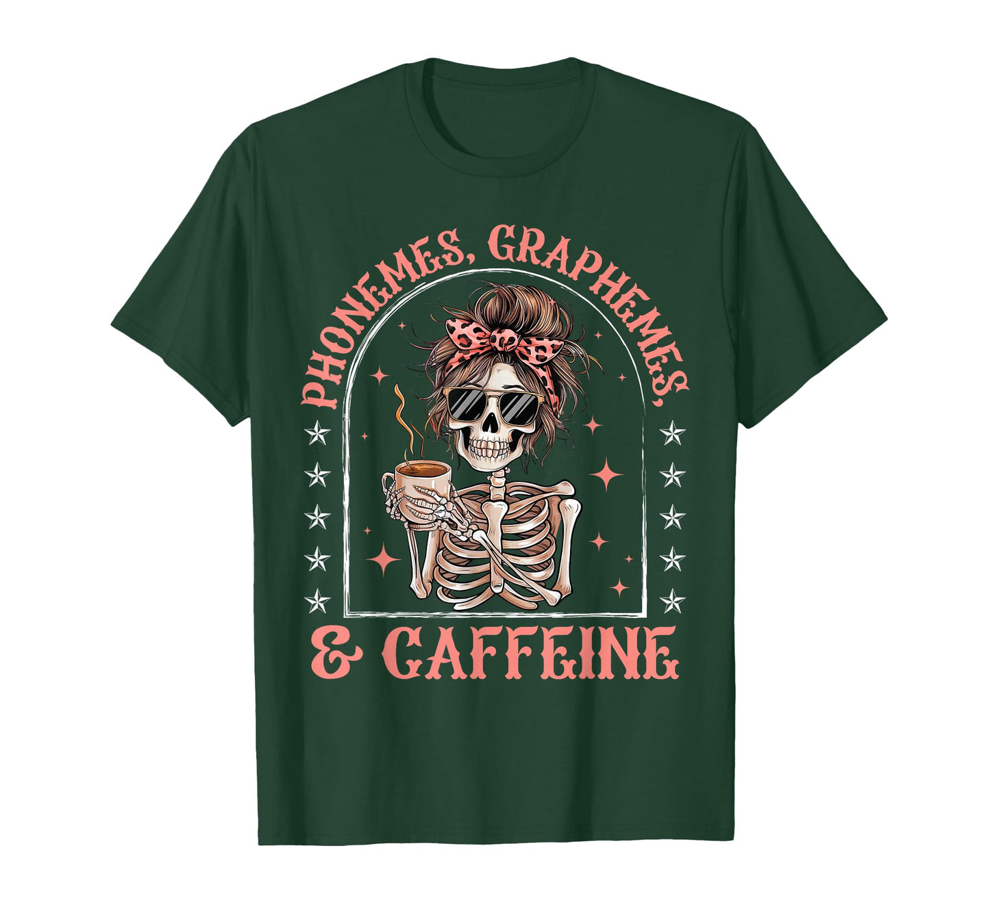 Phonemes Graphemes and Caffeine Funny Skeleton Halloween T-Shirt