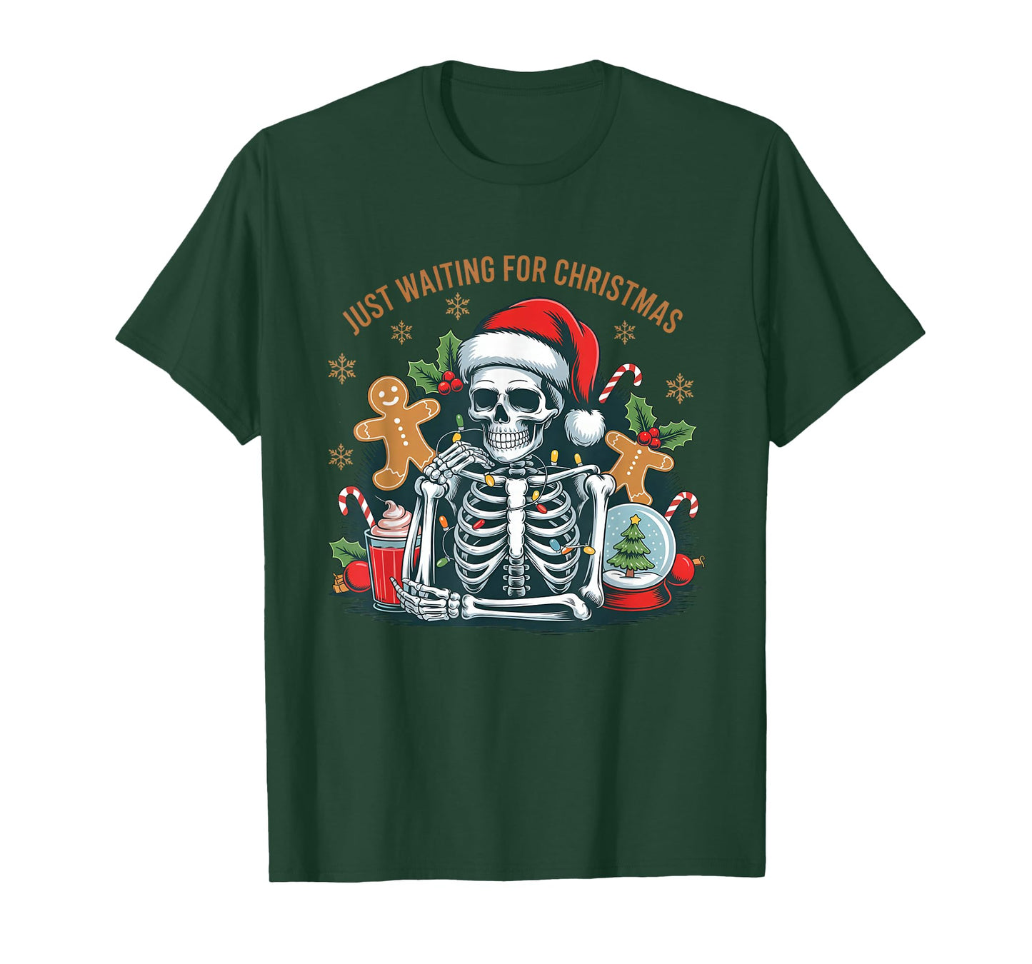 Just Waiting for Christmas Skeleton Santa Hat T-Shirt
