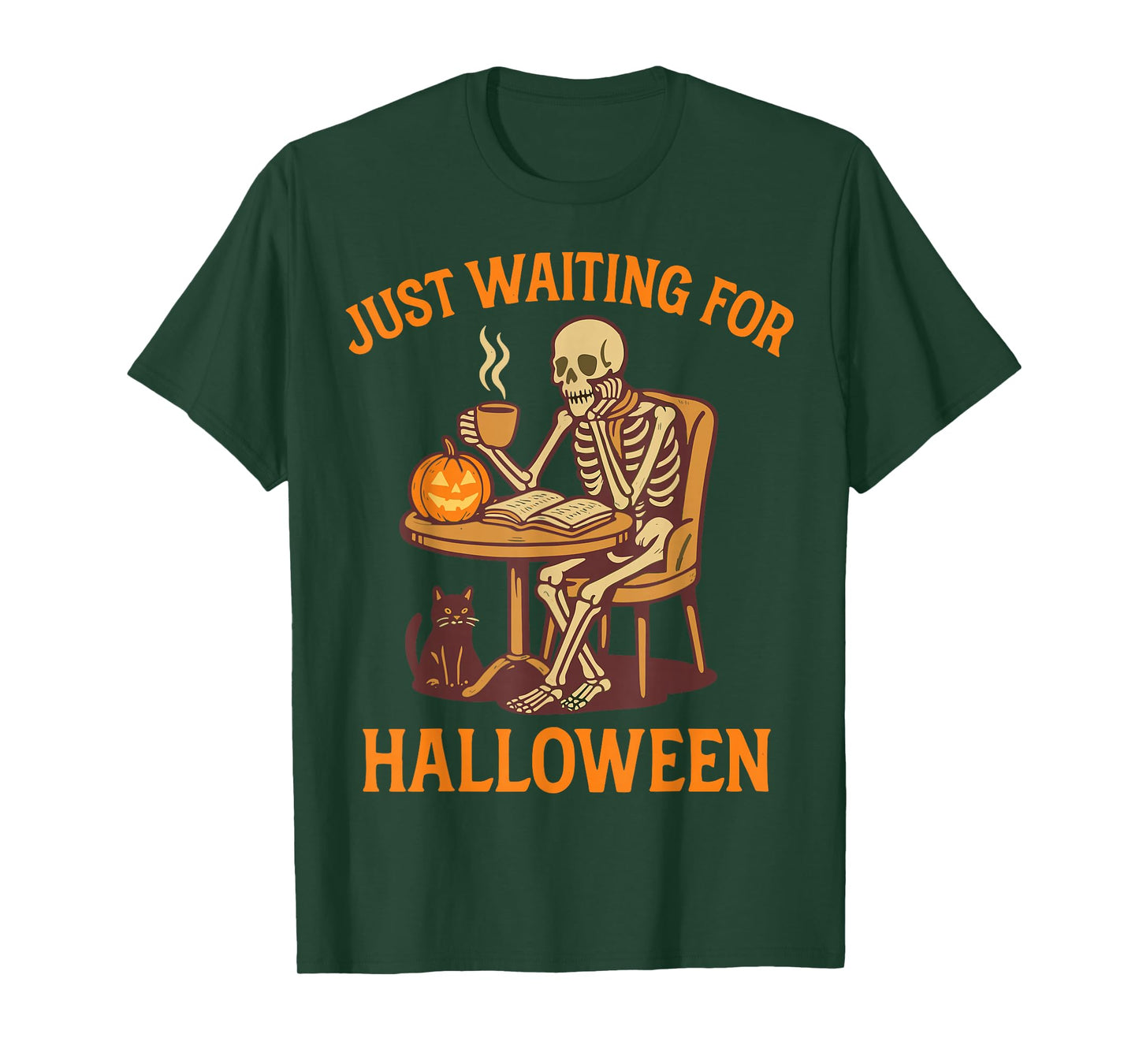 Just Waiting for Halloween Funny Skeleton Coffee Book Lover T-Shirt