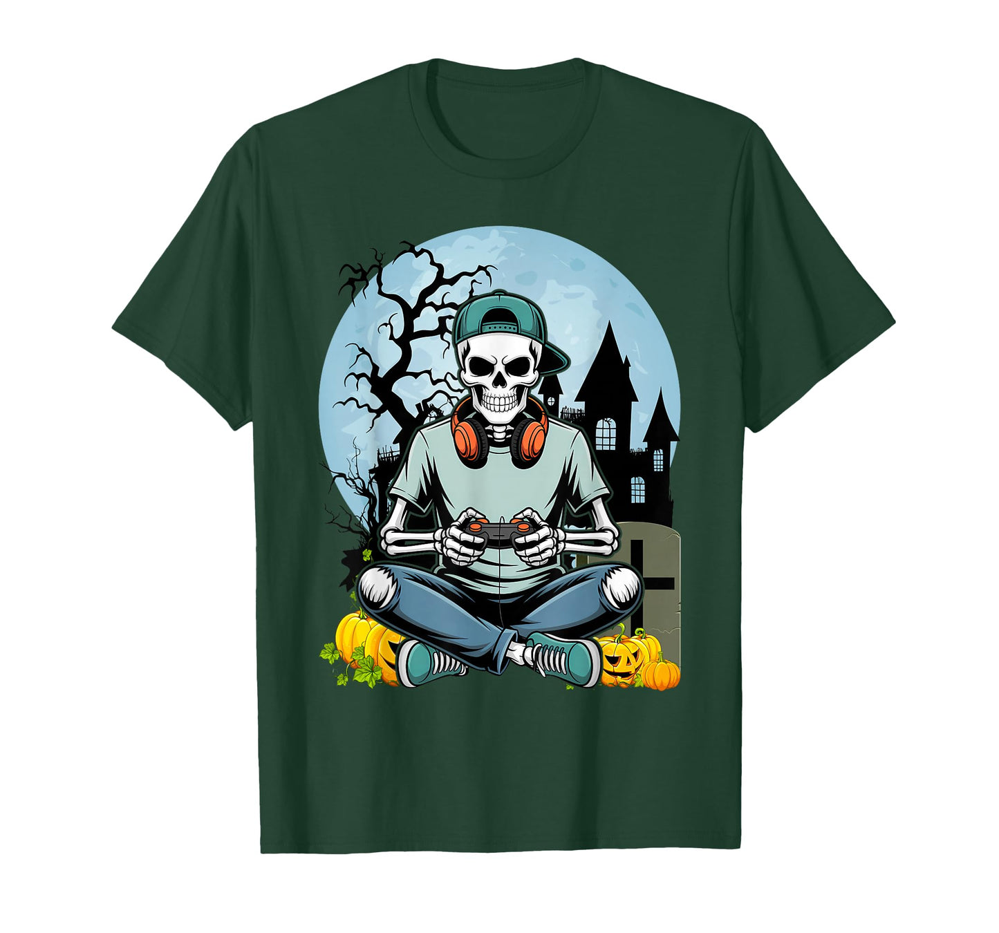 Halloween Skeleton Gamer Funny Video Games Boys Kids Men T-Shirt