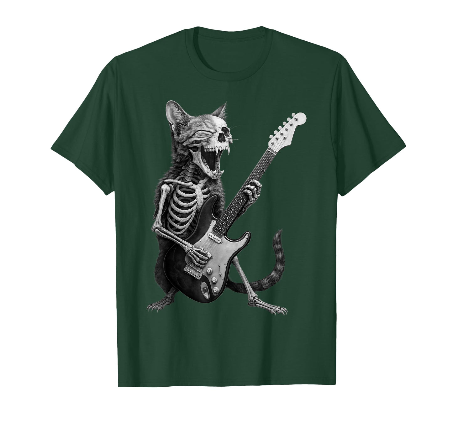 Funny Skeleton Cat Playing Guitar Rock and Roll Music Band T-Shirt