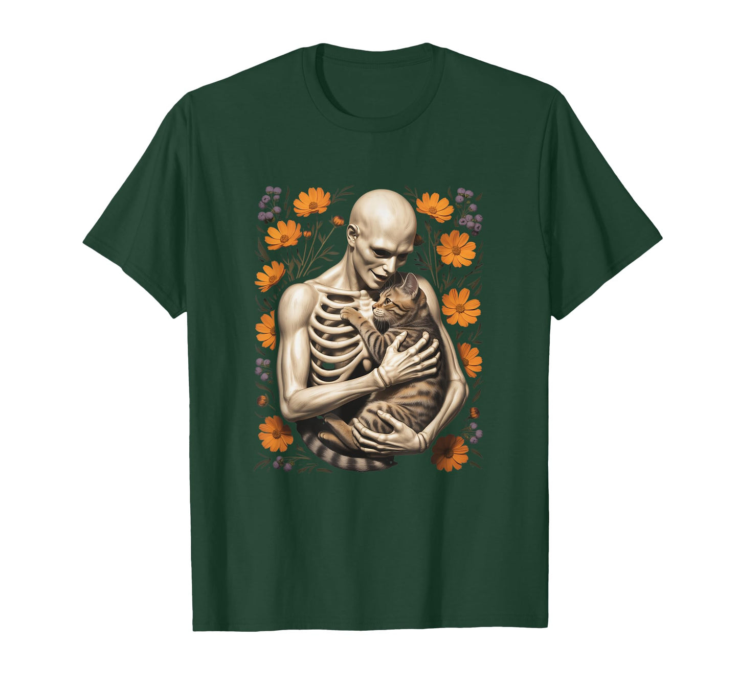 Funny Skeleton Hugging Cat Floral Halloween Cats Lover T-Shirt