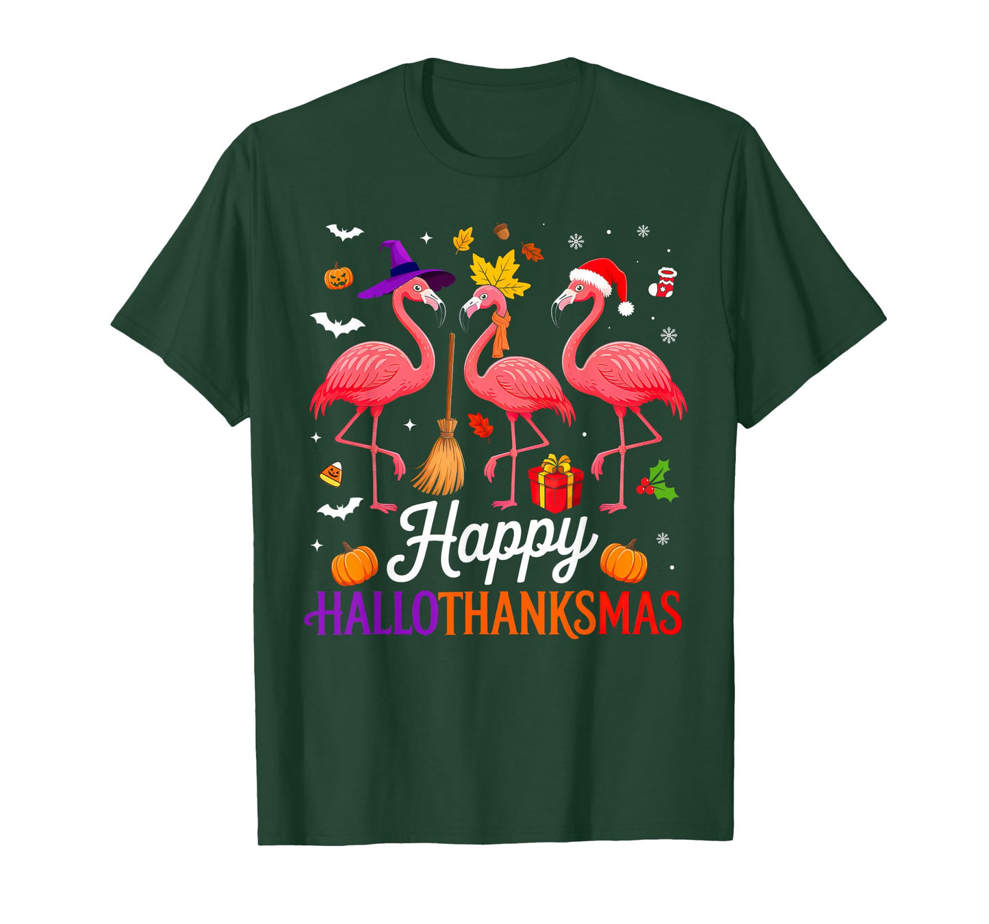 Happy Hallothanksmas Flamingo Lover Halloween Thanksgiving T-Shirt