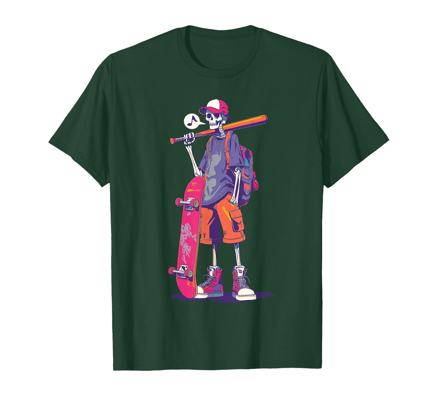 Halloween Skeleton Skater Baseball Bat Street Graphic T-Shirt