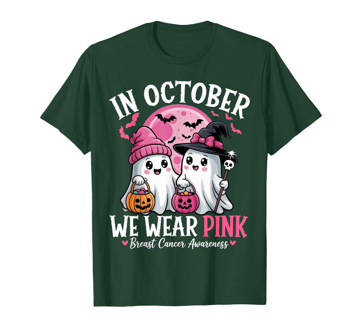 in October We Wear Pink Ghost Witch Breast Cancer Awareness T-Shirt