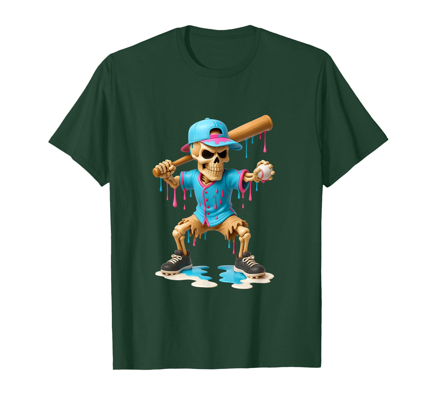 Halloween Baseball Skeleton Ice Cream Drip Baseball Dripping T-Shirt
