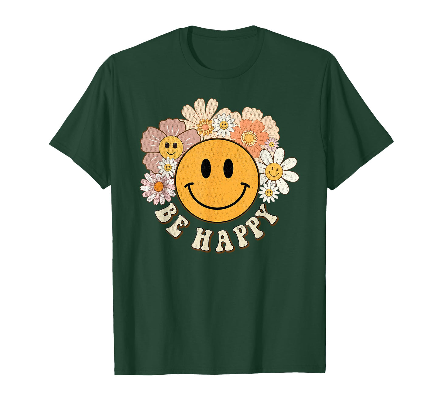 Retro Groovy Be Happy Smile Face Cute Hippie Flowers 70s T-Shirt