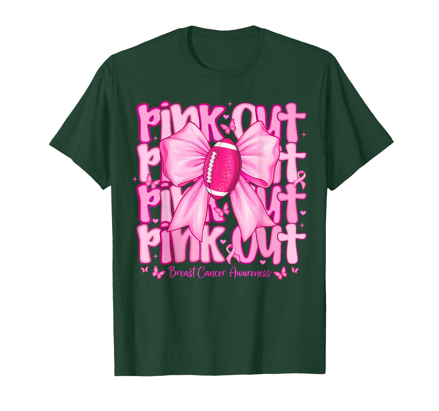 Womens Pink Out Football Tackle Breast Cancer Awareness Bow T-Shirt