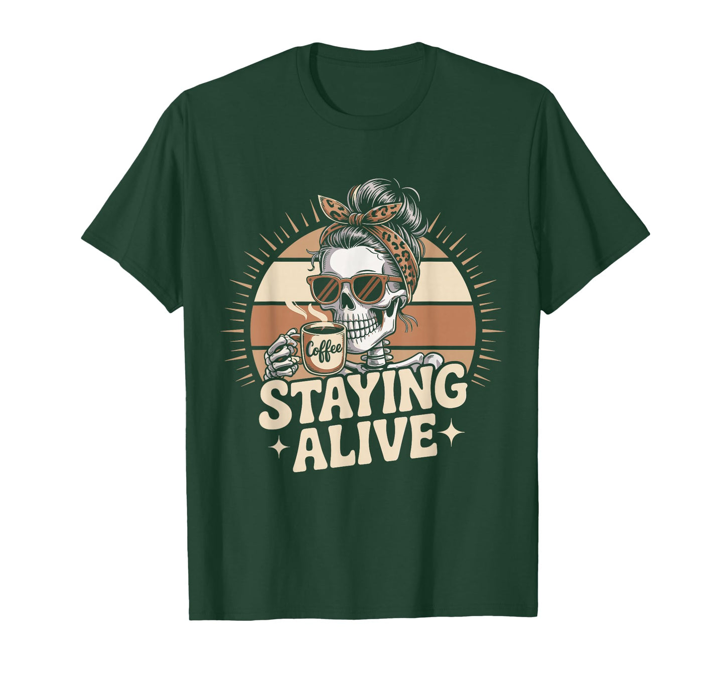 Staying Alive Retro Skeleton Coffee Sunset Halloween T-Shirt