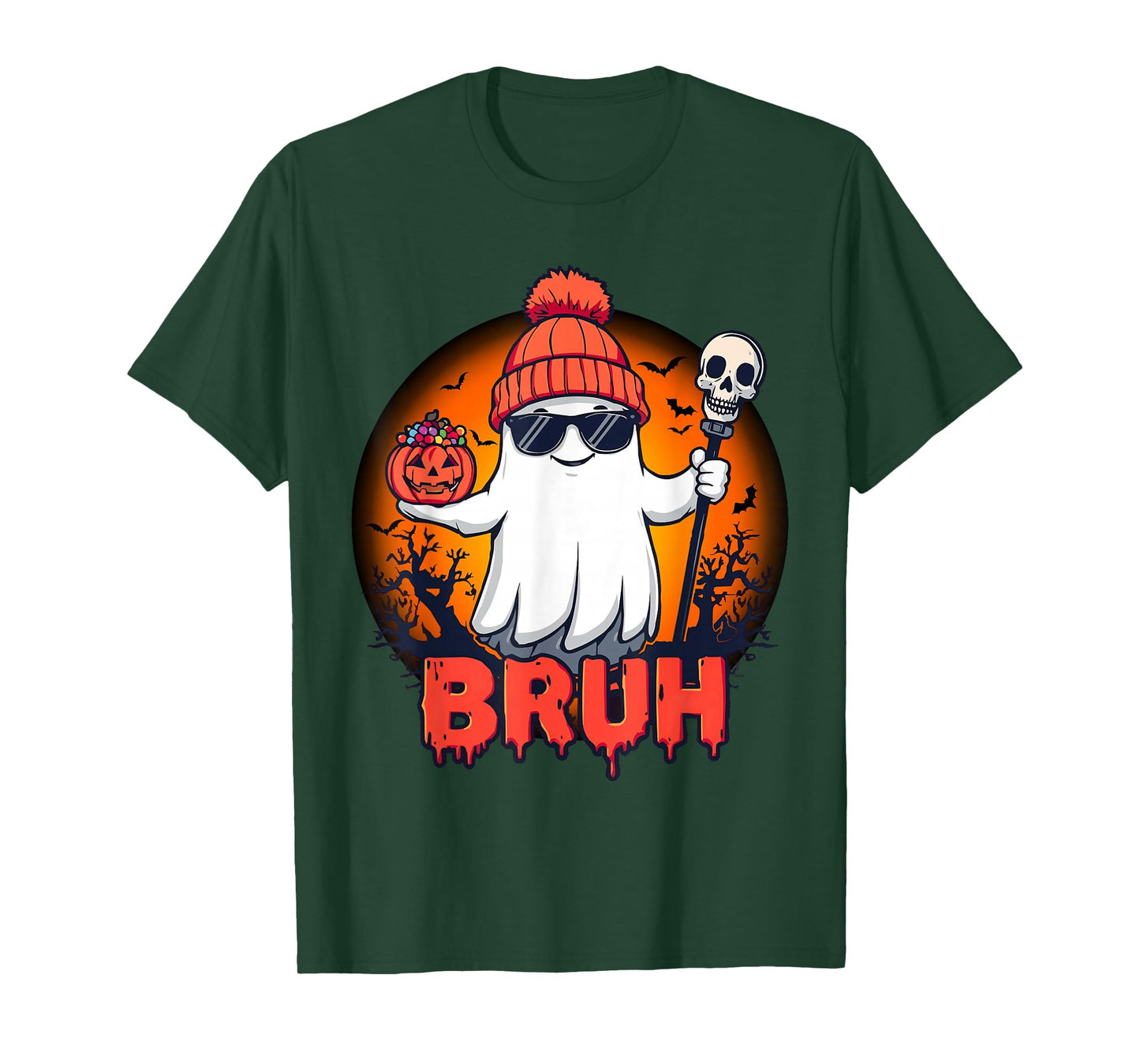 Funny Ghost Bruh Halloween with Pumpkin Trick Or Treat Candy T-Shirt