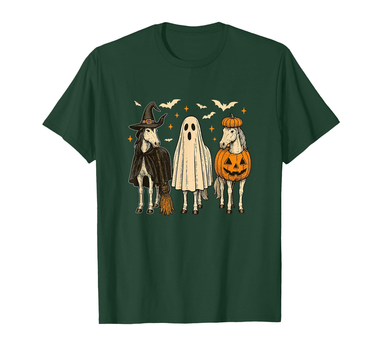 Three Halloween Horses Cosplay Witch Boo Carved Pumpkin T-Shirt