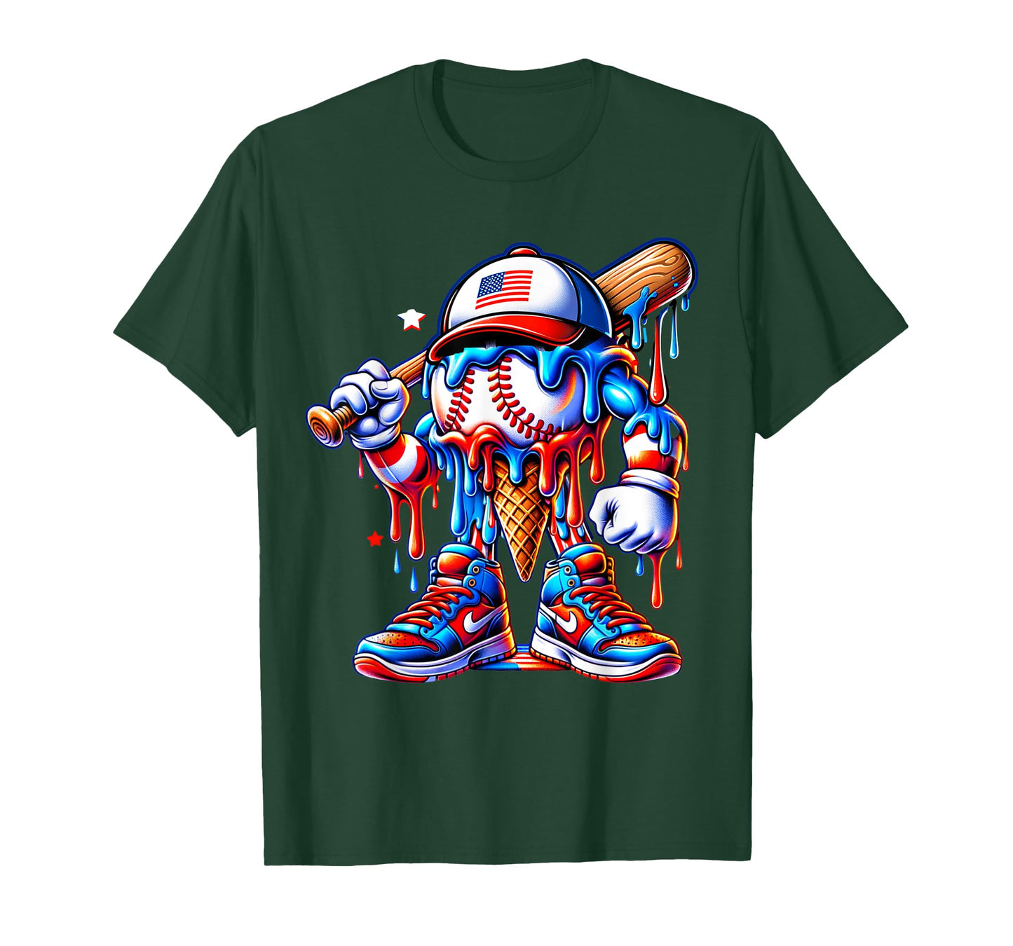 4th of July Red White and Blue Baseball Ice Cream Drip Boys T-Shirt