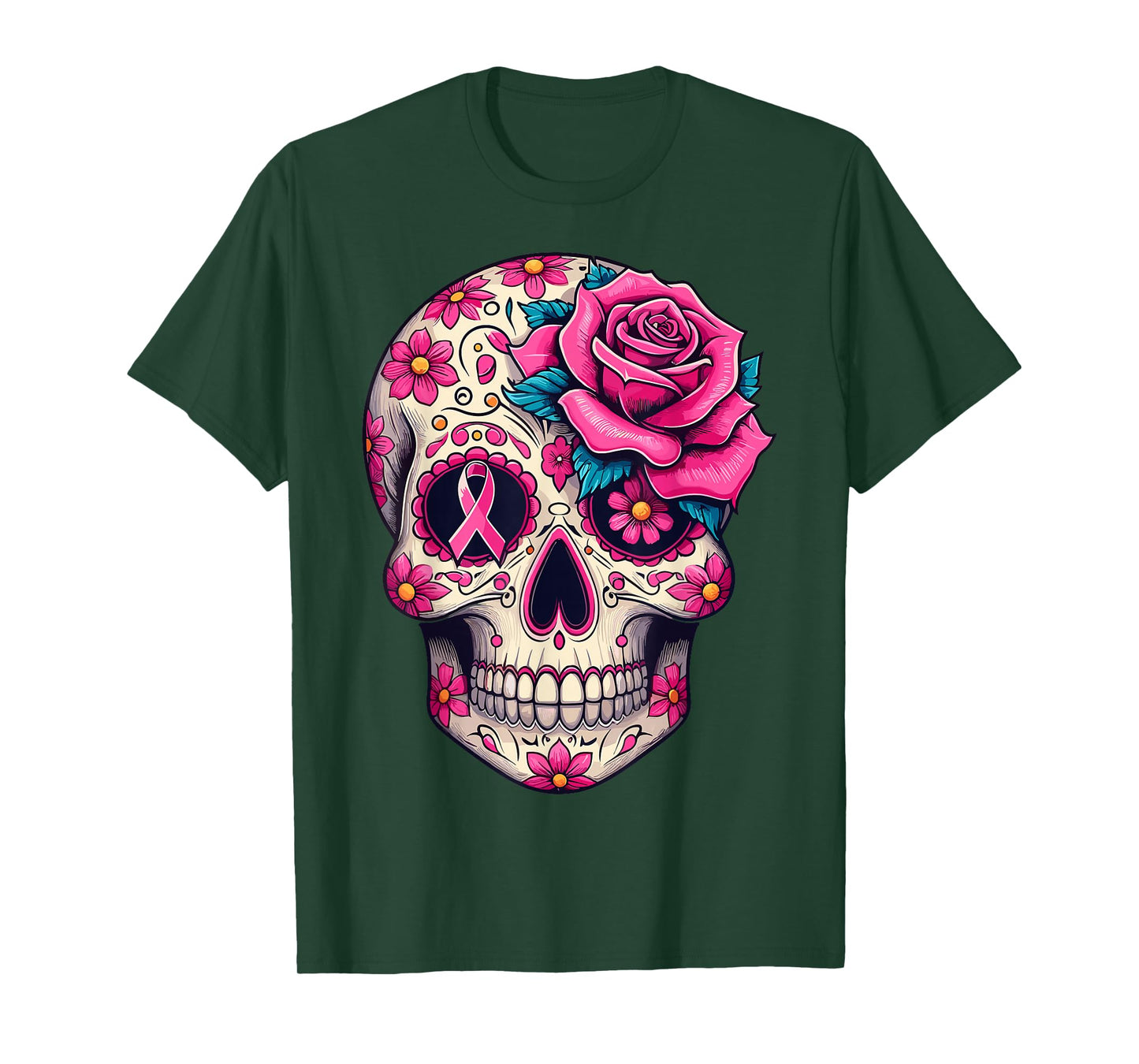 Sugar Skull Pink Ribbon Calavera Breast Cancer Awareness T-Shirt