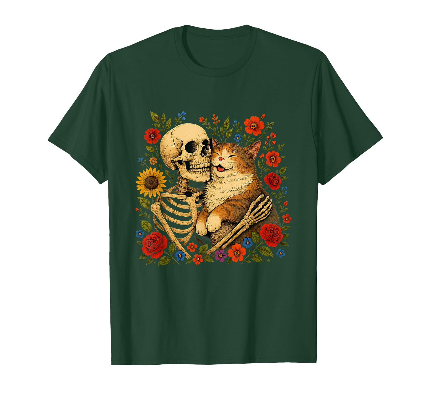 Skeleton Hugging Cat Floral Funny Halloween Cats Lover T-Shirt