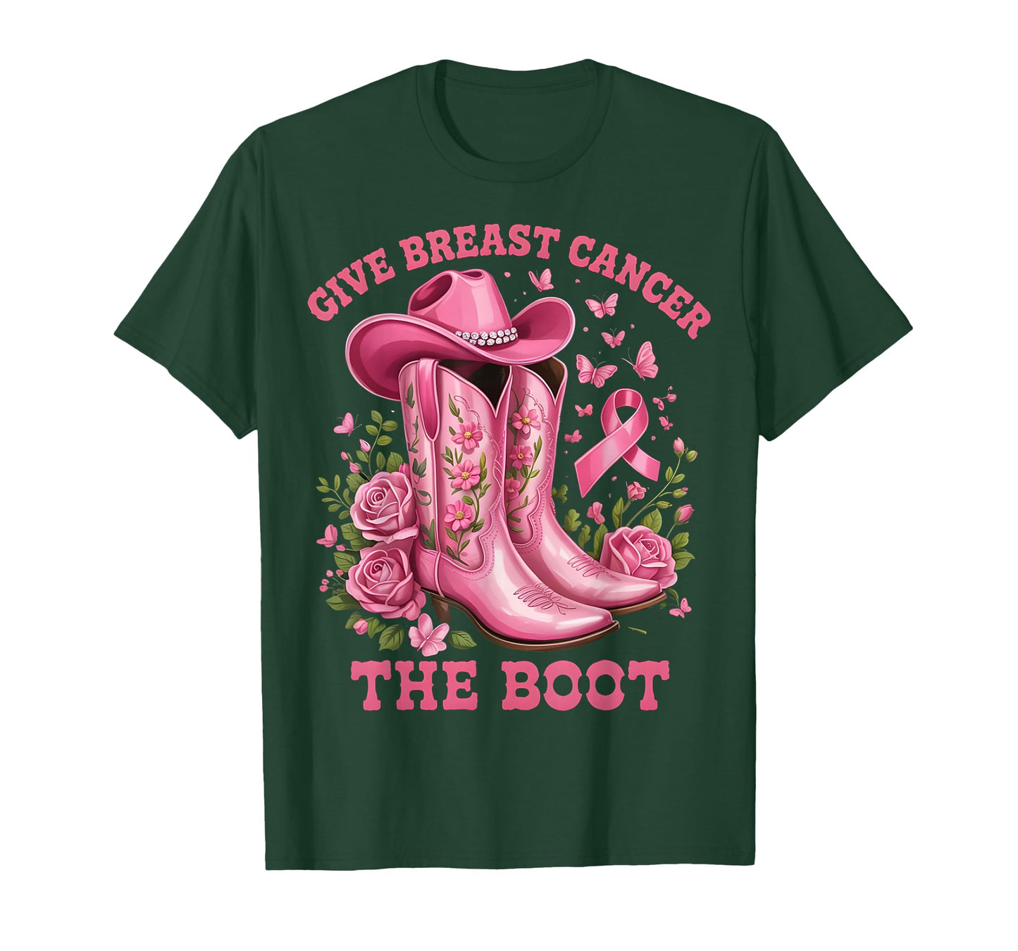 Give Breast Cancer The Boot Cowgirl Cancer Awareness Ribbon T-Shirt