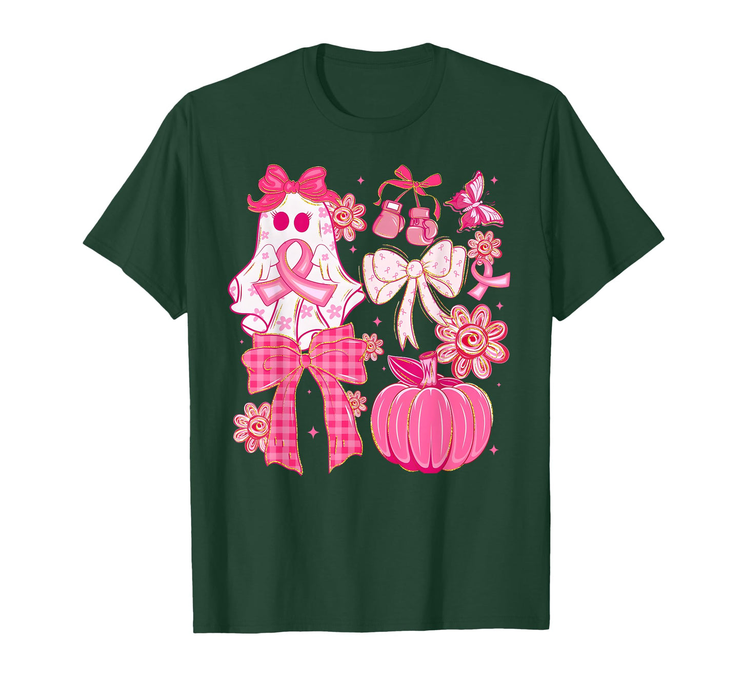 Halloween Breast Cancer Awareness Pink Ghost Coquette Bow T-Shirt