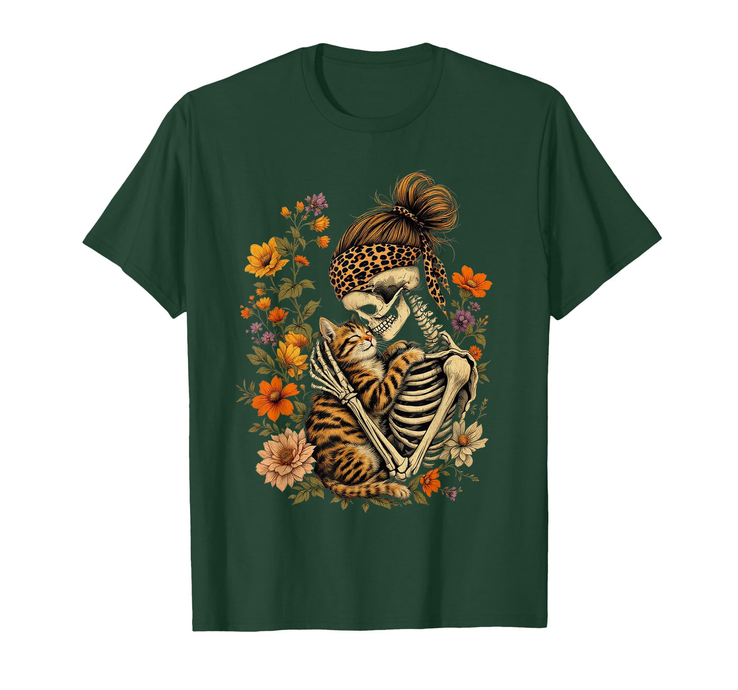 Skeleton Hugging Cat Floral Halloween Cat Lover Mom Costume T-Shirt