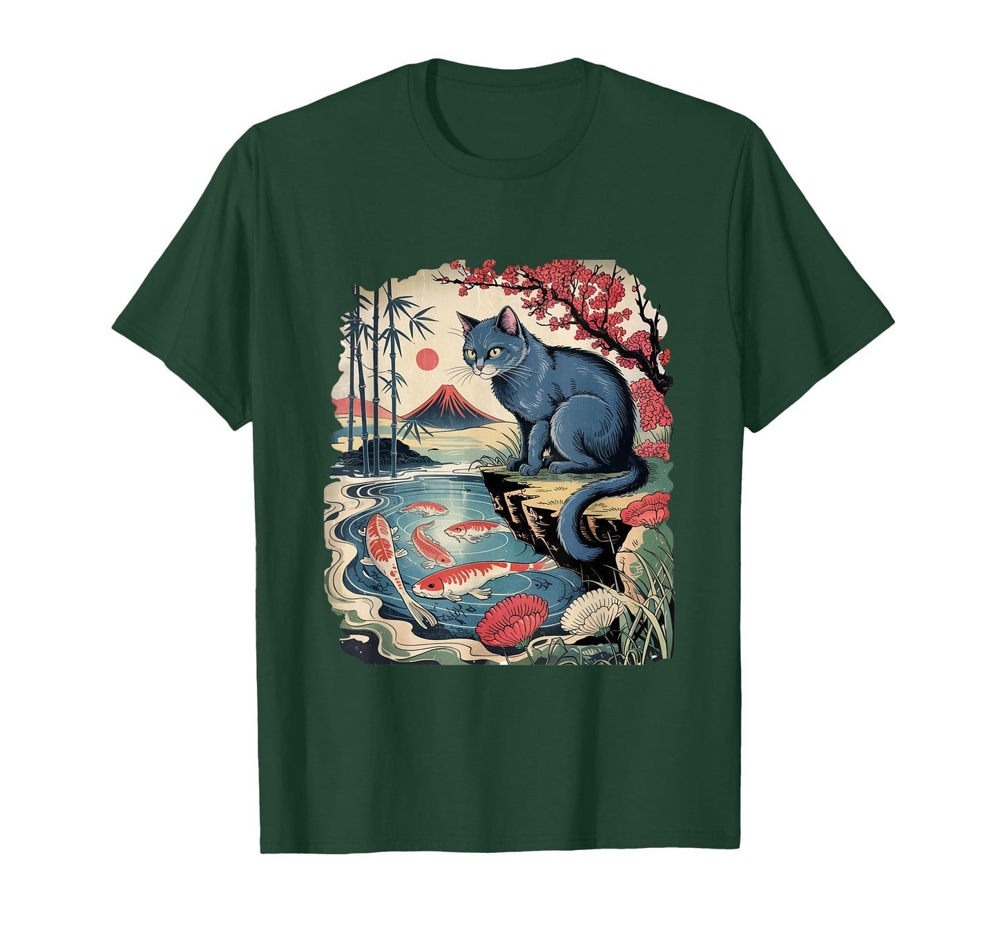 Russian Blue Cat Koi Fish Pond Japanese Ukiyo-e Woodblock T-Shirt