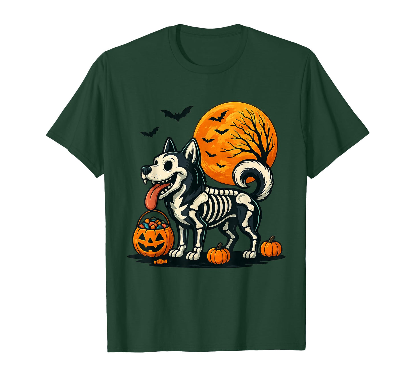 Siberian Husky Dog Skeleton Scary Halloween Pumpkin Moon T-Shirt