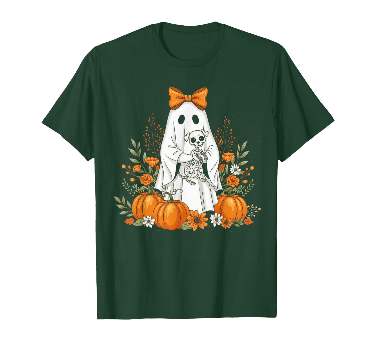 Halloween Ghost and Skeleton Dog Floral Spooky Ghosts Goth T-Shirt