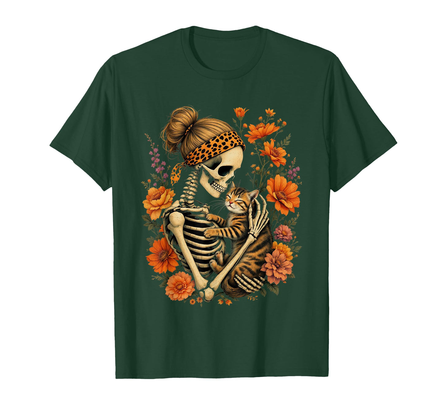 Skeleton Hugging Cat Floral Halloween Cat Lover Mom Costume T-Shirt