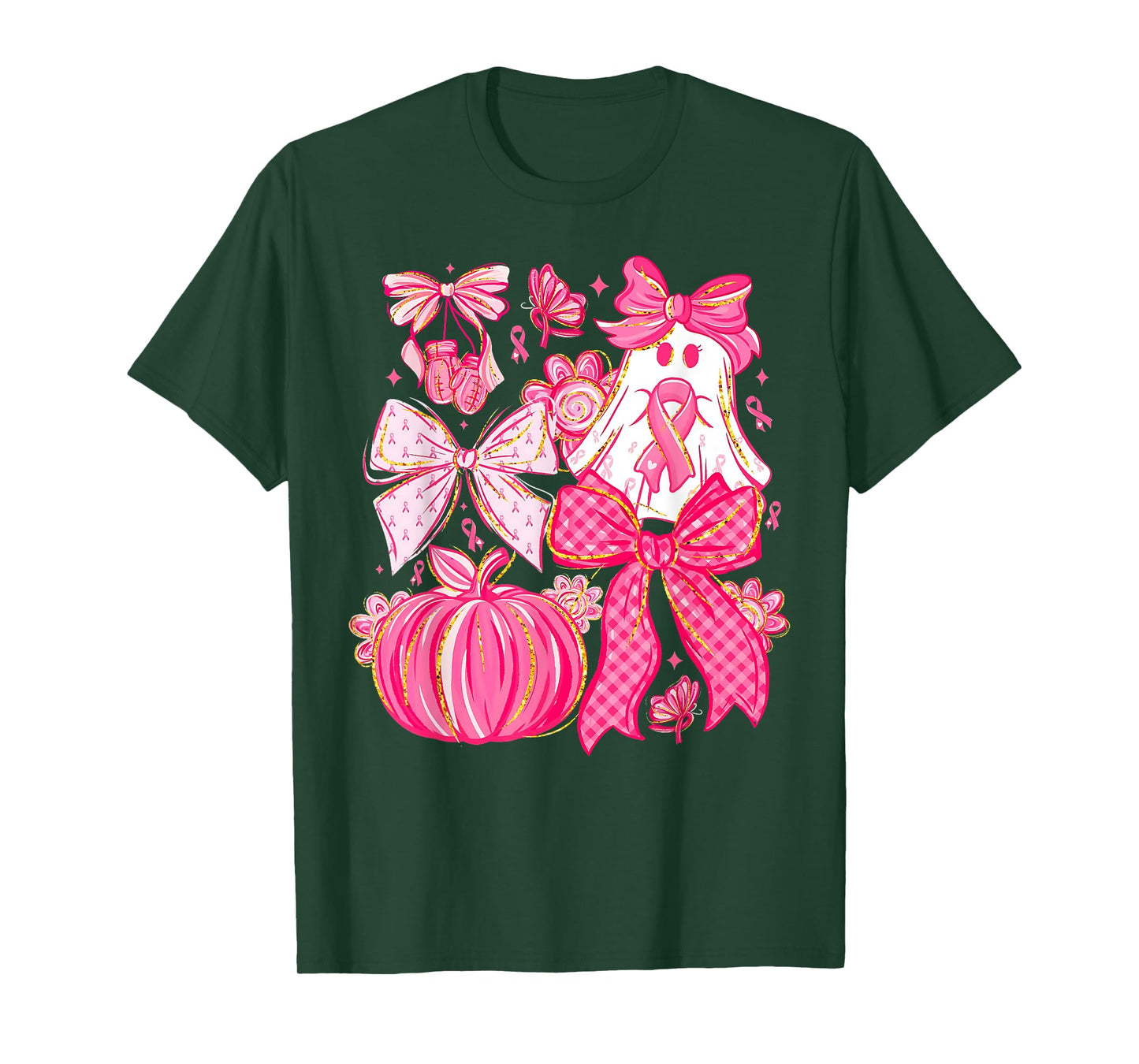 Breast Cancer Pink Ribbon Coquette Bow Pink Ghost Pumpkin T-Shirt