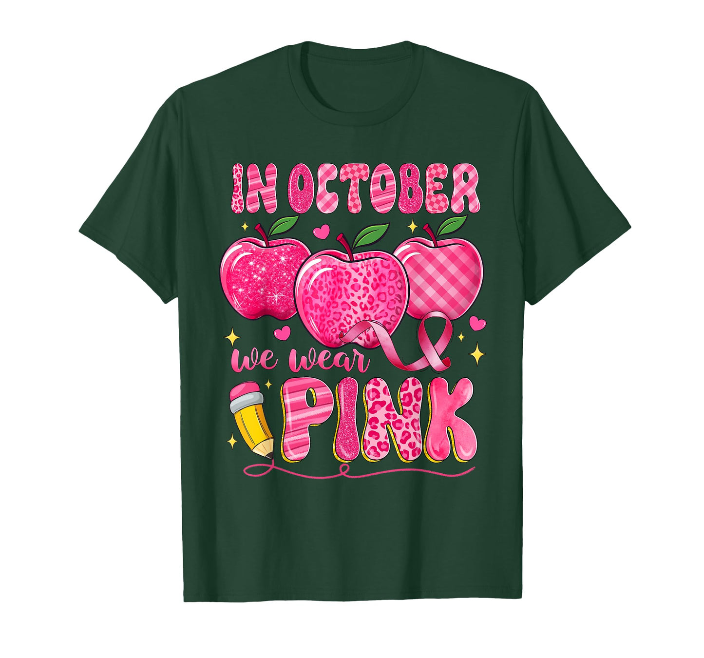 In October We Wear Pink Apple Teacher Leopard Breast Cancer T-Shirt