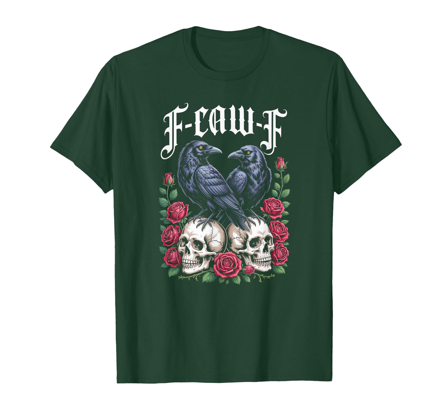 F-Caw-F Funny Black Bird Moon Gothic F-Caw-F Skull and Rose T-Shirt