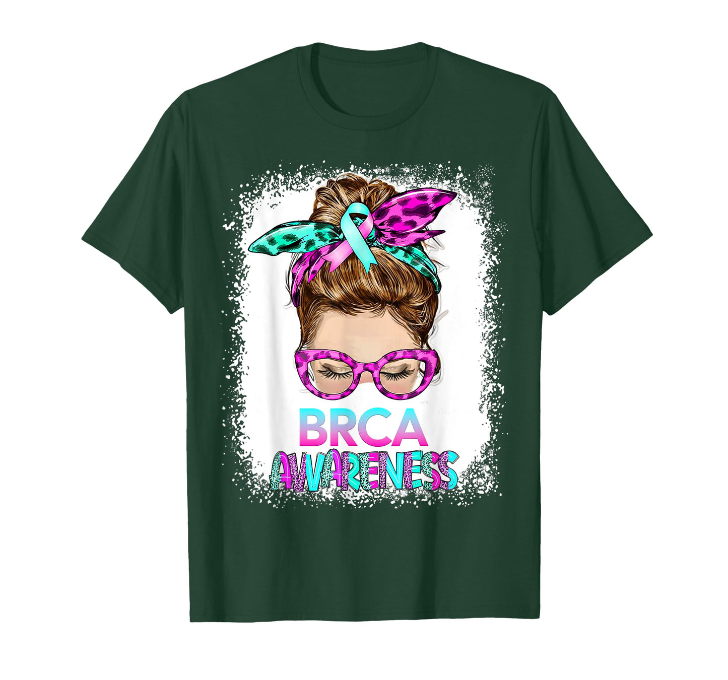 BRCA Messy Bun, pink-teal Mastectomy Breast Cancer Awareness T-Shirt