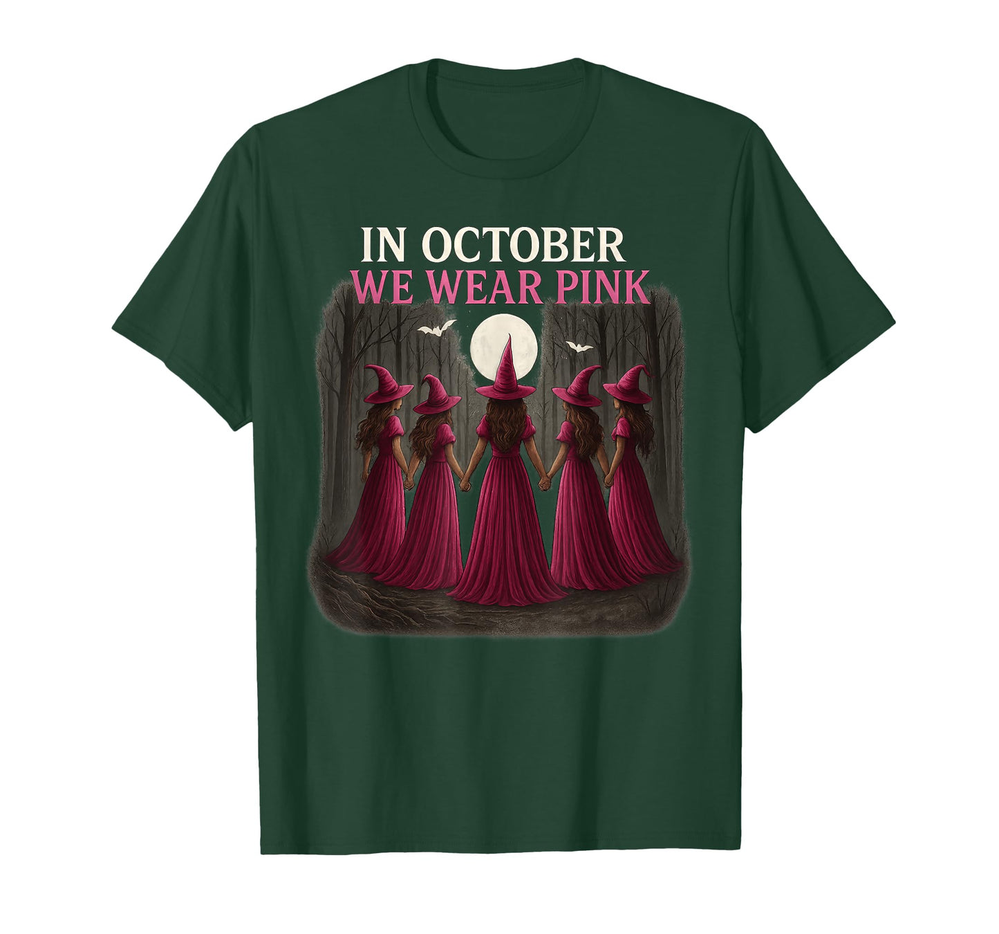in October We Wear Pink Witch Halloween Breast Cancer Women T-Shirt