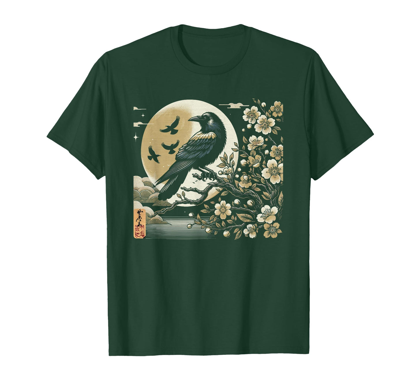Graphic Japan Woodblock Art Crow Raven Vintage T-Shirt