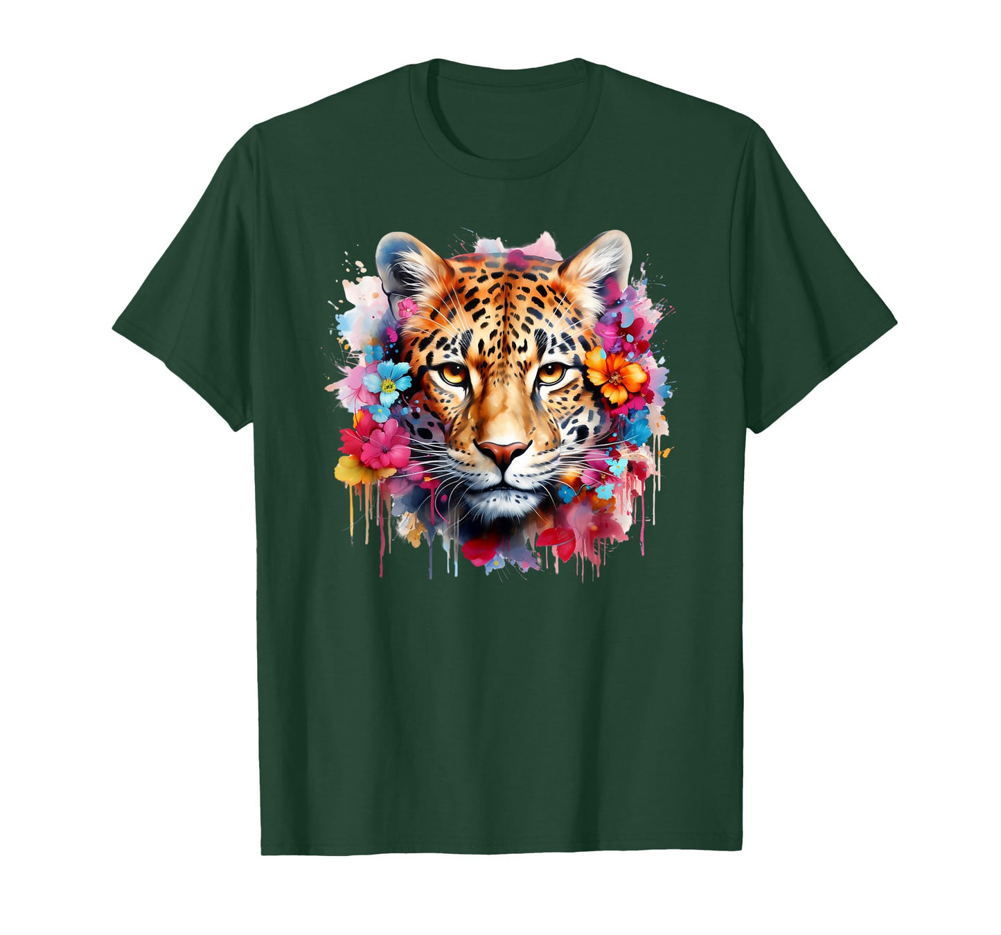 Colorful Leopard Portrait Flowers Floral Leopard Watercolor T-Shirt