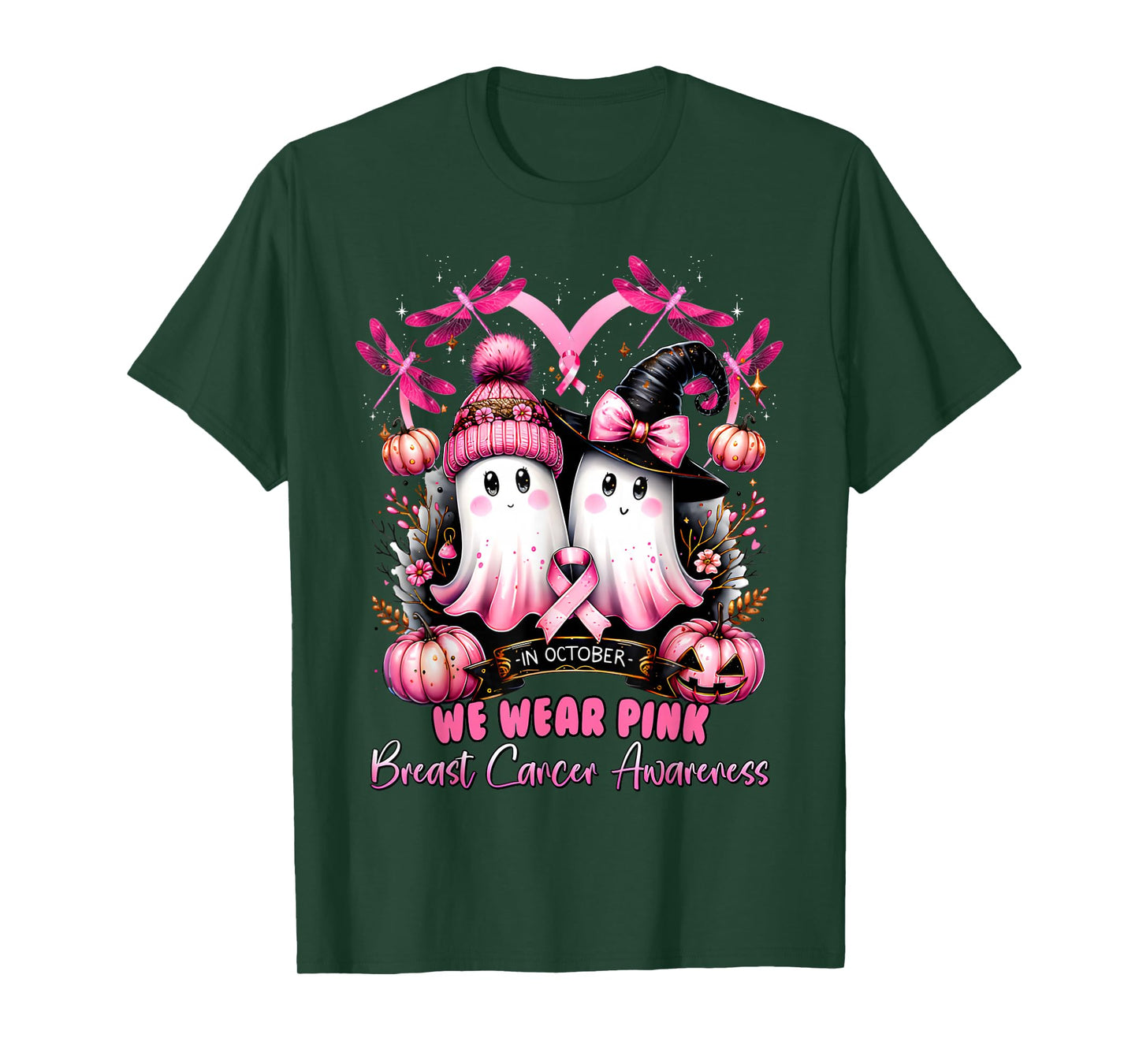 in October We Wear Pink Ghost Witch Breast Cancer Awareness T-Shirt
