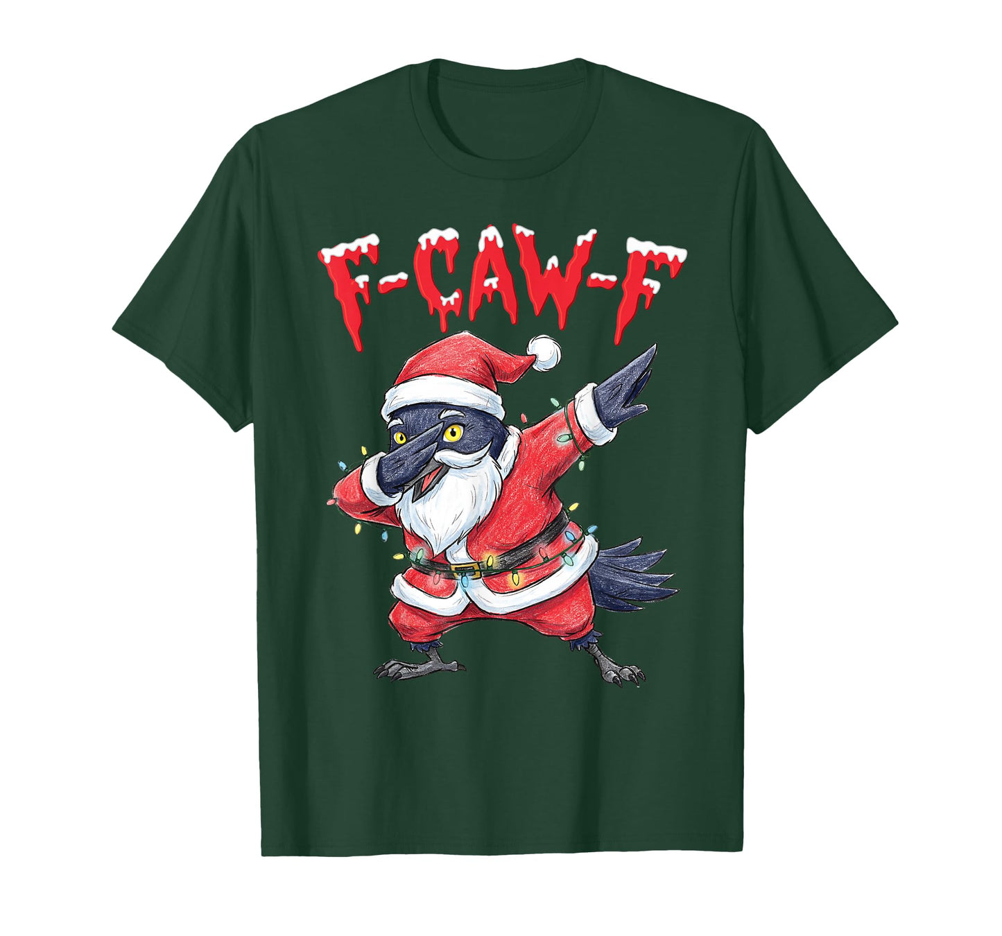 Black Crow F-Caw-F Funny Retro Christmas Lights Santa hat T-Shirt