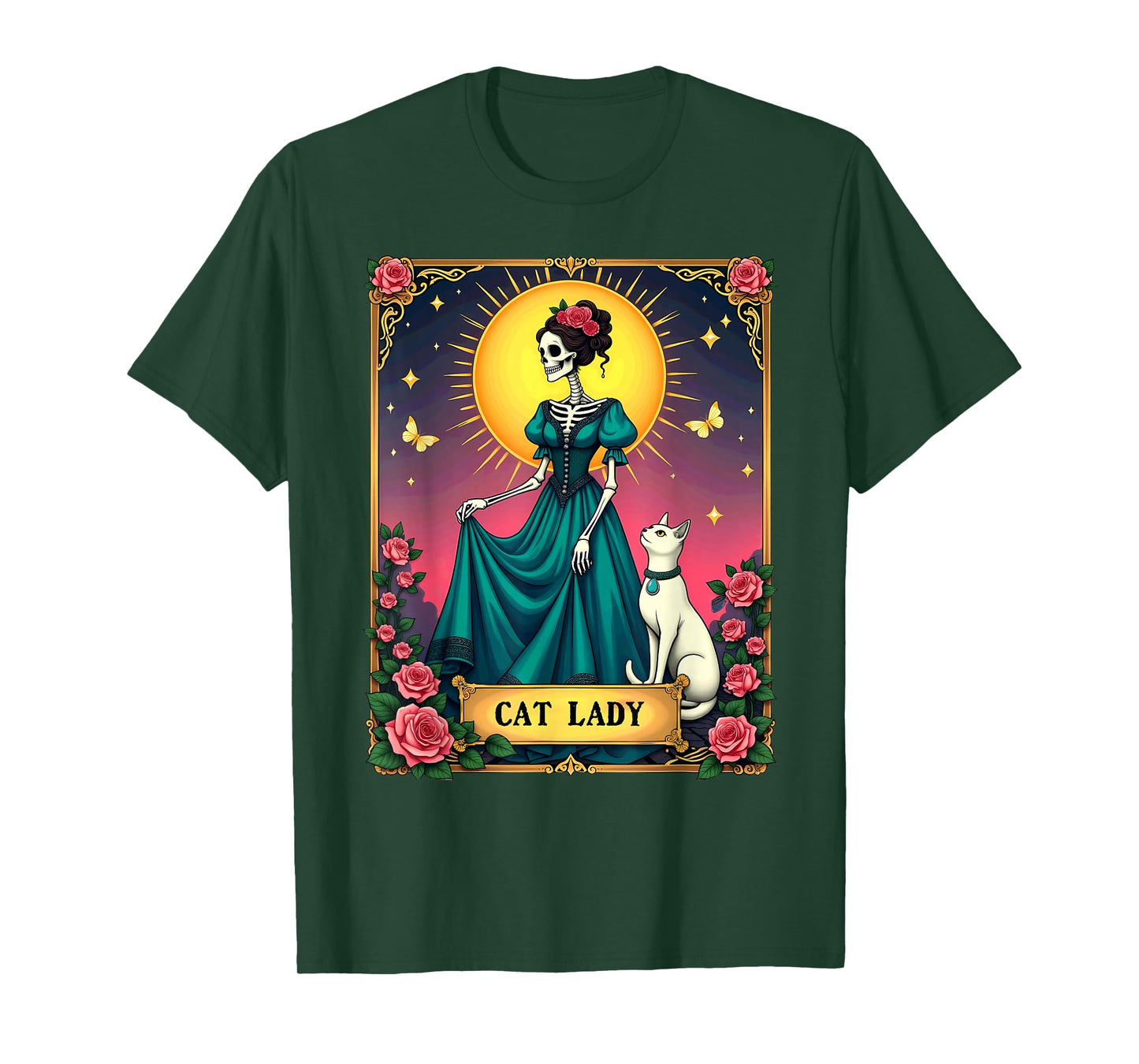 Retro Cat Lady Tarot Card Skeleton Halloween T-Shirt