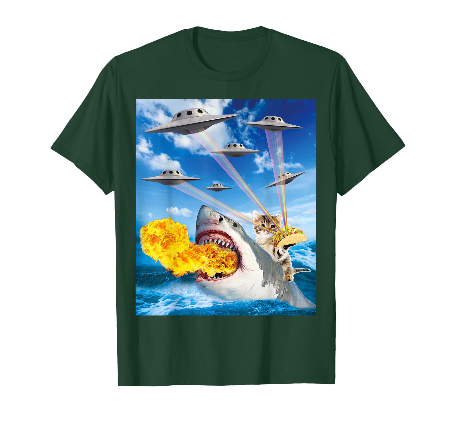 Cat Riding Fire Breathe Shark Rainbow Laser Taco T-Shirt
