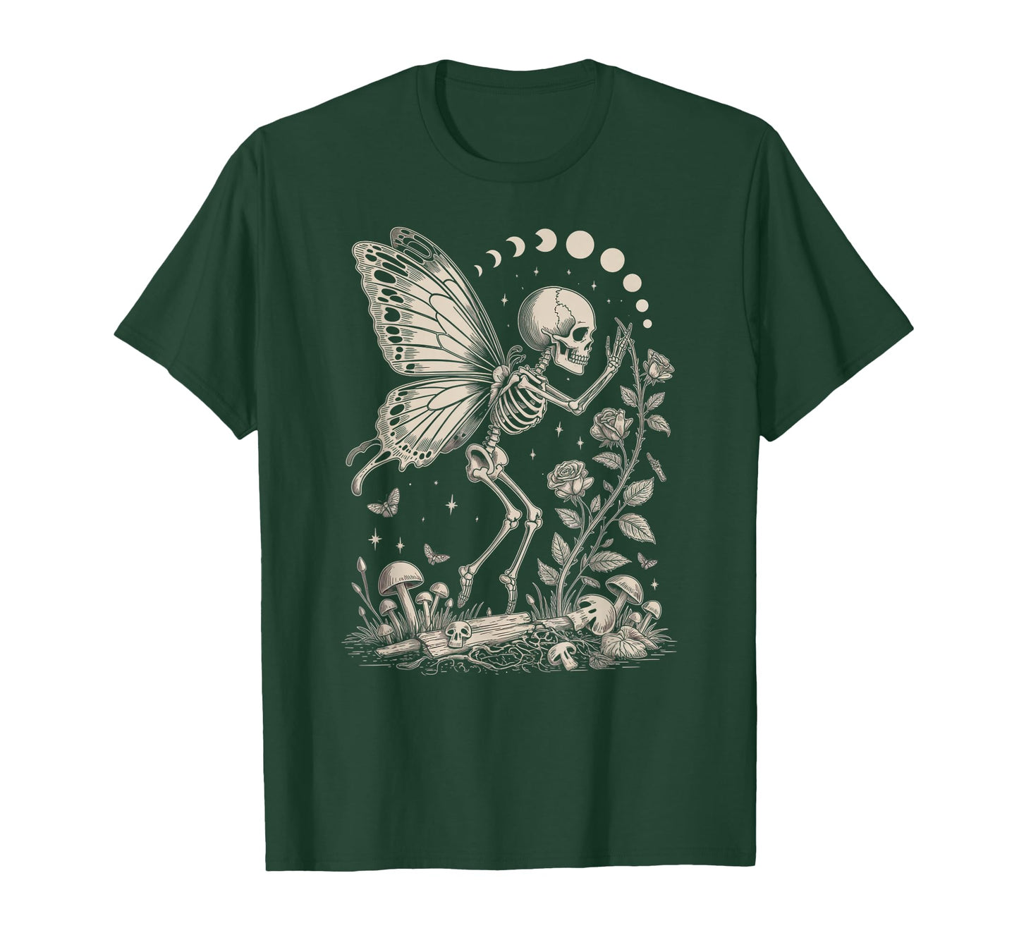 Skeleton Fairy with Roses Mushrooms and Moons T-Shirt